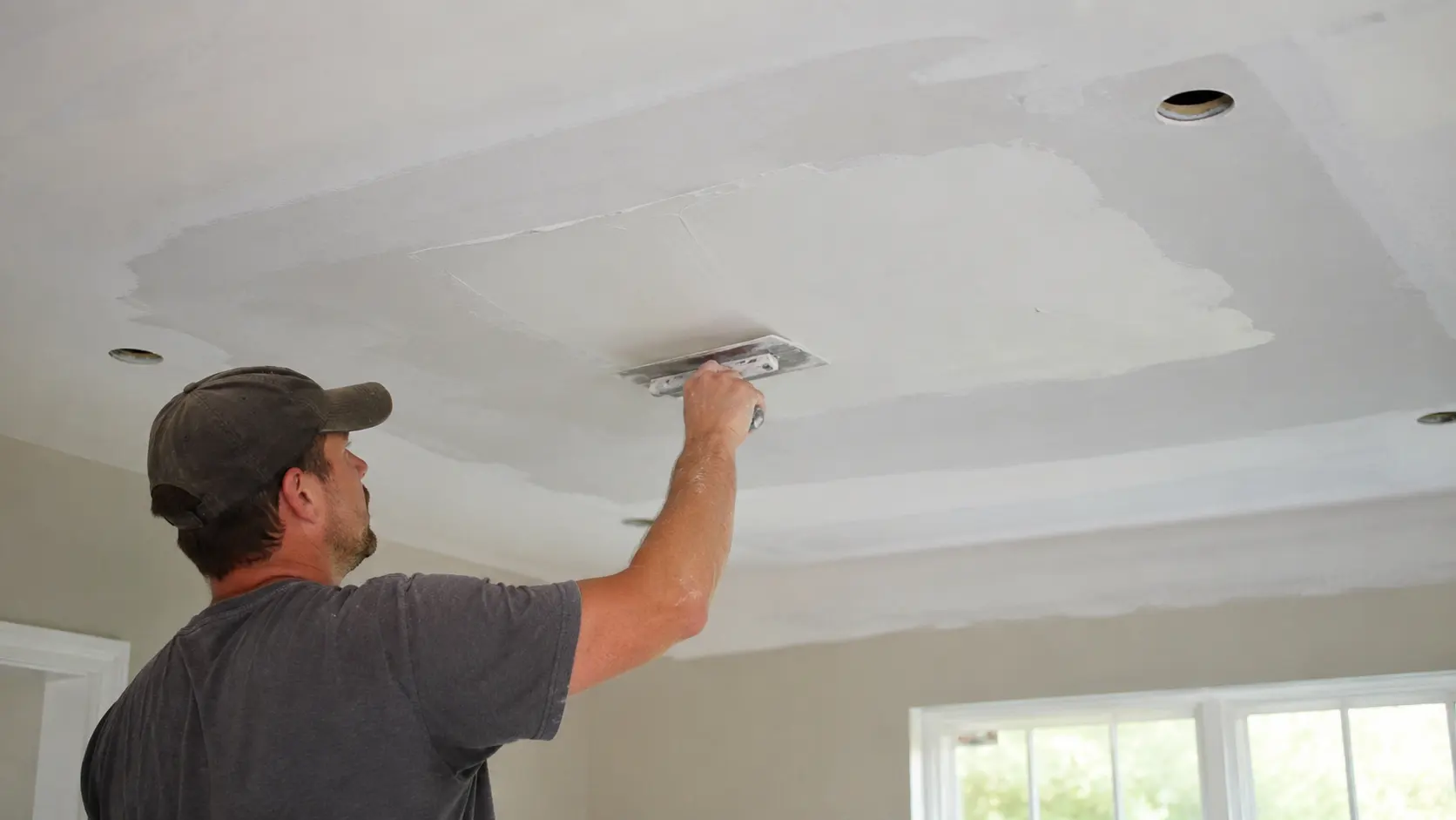 drywall professional trowling the drywall ceiling repair.