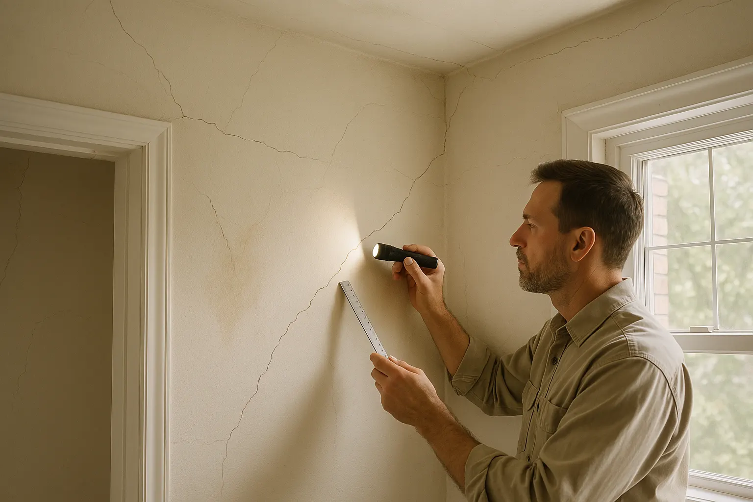 Professional inspector examines drywall cracks above a doorway, near a window corner, and along the ceiling seam in a bright lived-in home.