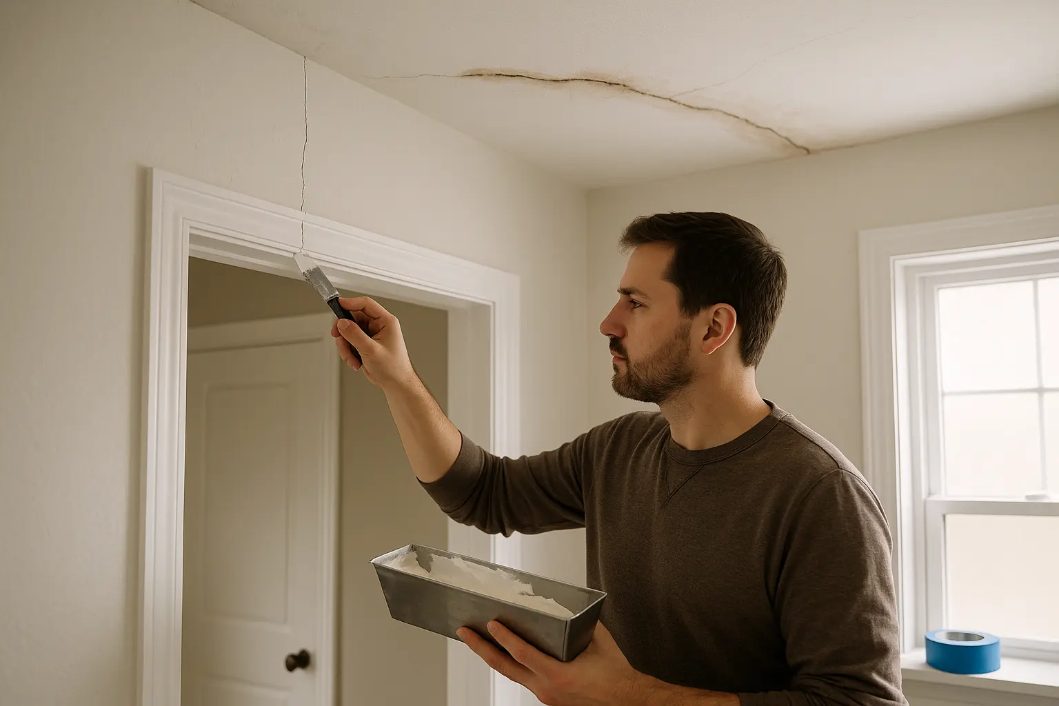 Homeowner repairs a thin drywall crack above a doorway with joint compound while a wider stained, sagging ceiling crack in the background is marked for professional inspection