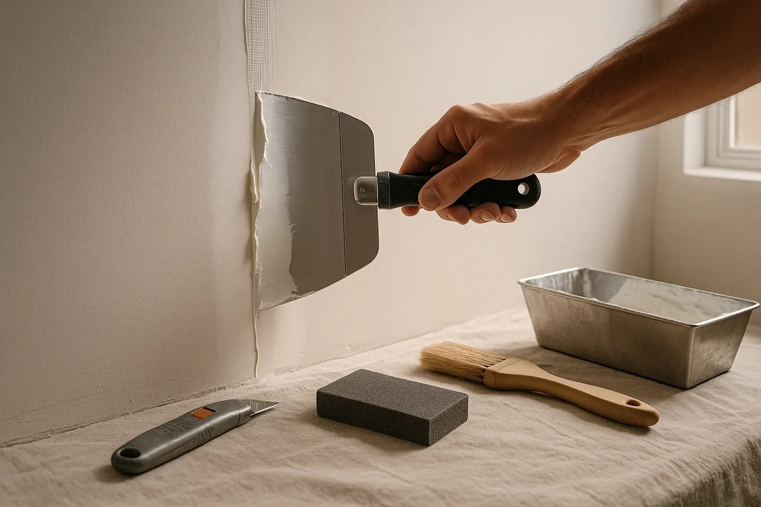 Close-up of a worker applying joint compound over mesh tape on a drywall seam crack with a wide taping knife in a bright unfinished room