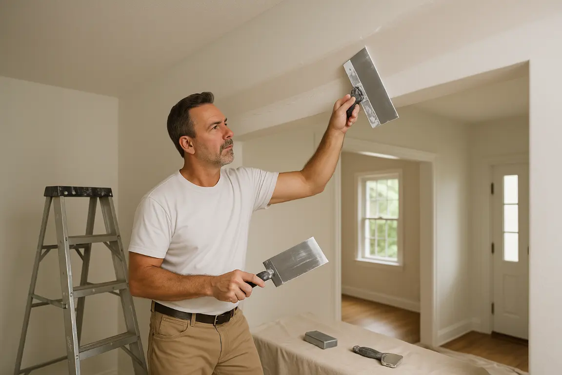 Drywall repair technician smoothing joint compound over a ceiling seam crack above a doorway in a bright, well-kept home, with a ladder and sanding tools nearby.
