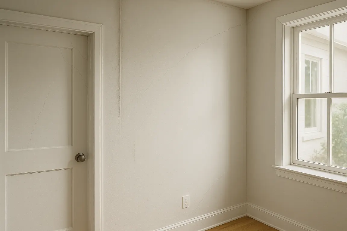 Bright modern hallway wall showing hairline cracks from a door corner, bubbling drywall tape in an inside corner, and a smoothly feathered repair patch