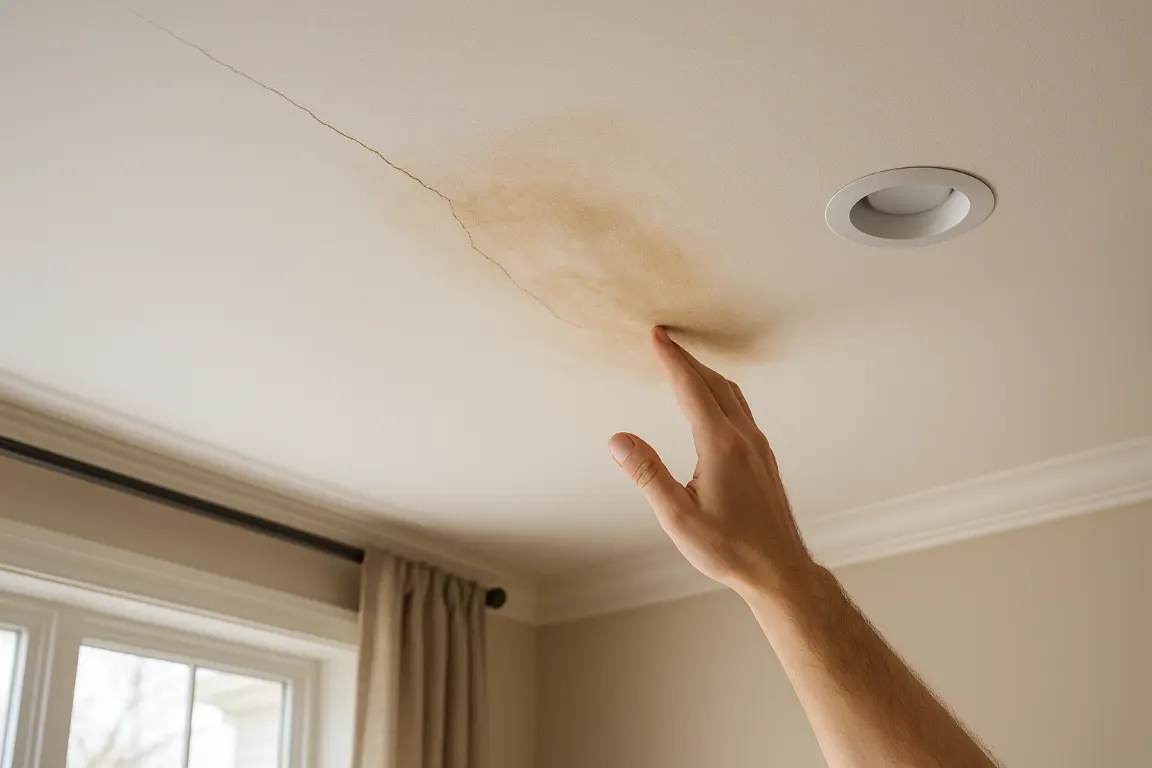 worker touching a water damaged ceiling with brown water stain and a crack running accross ceiling.