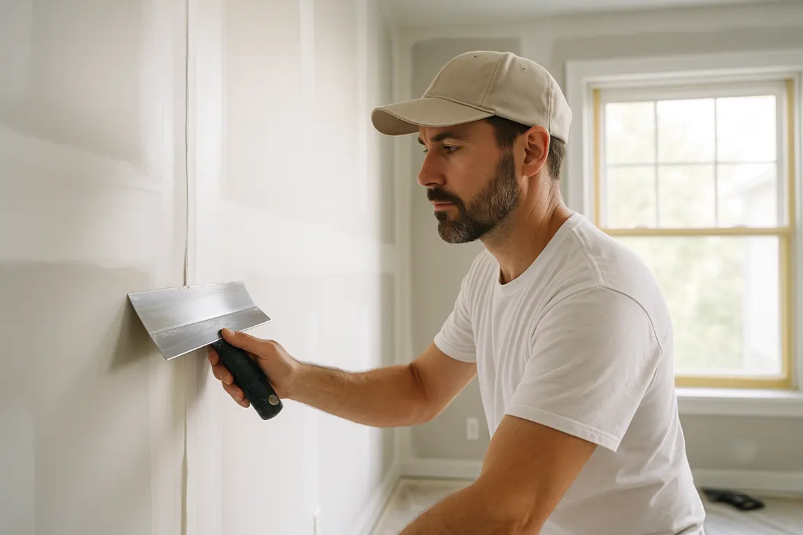 Skilled drywall finisher using a wide taping knife to smooth a wall joint in a bright renovated room with masked window trim and crisp corner bead