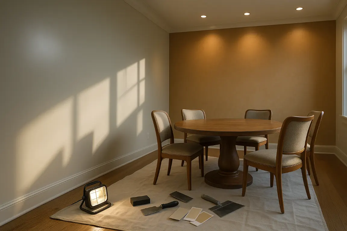 Contemporary dining room showing a smooth satin-painted drywall wall under raking sunlight and recessed lights beside a softly textured orange-peel accent wall, with painter’s inspection tools and paint swatches nearby