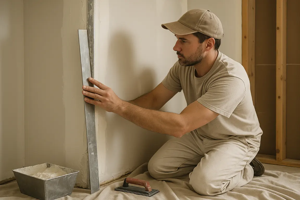 Drywall professional repairs an outside corner with exposed metal corner bead, joint compound and a long straightedge, while wooden framing posts show through an adjacent opening
