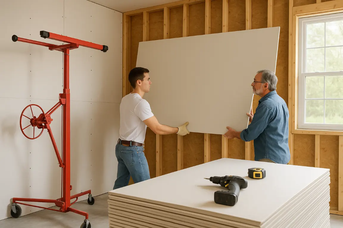 Installer and homeowner lift a drywall panel onto wall studs in a bright unfinished room, with a panel lift, screw gun, tape measure and stacked panels nearby.