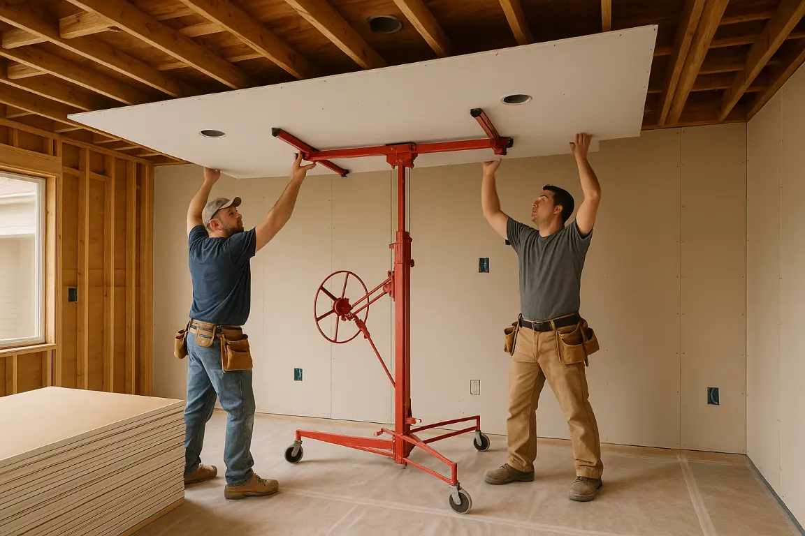 Professional drywall installers use a lift to hang a ceiling panel beneath exposed wood framing in a bright residential remodel, with stacked boards, recessed-light cutouts, protected floors, and aligned wall seams