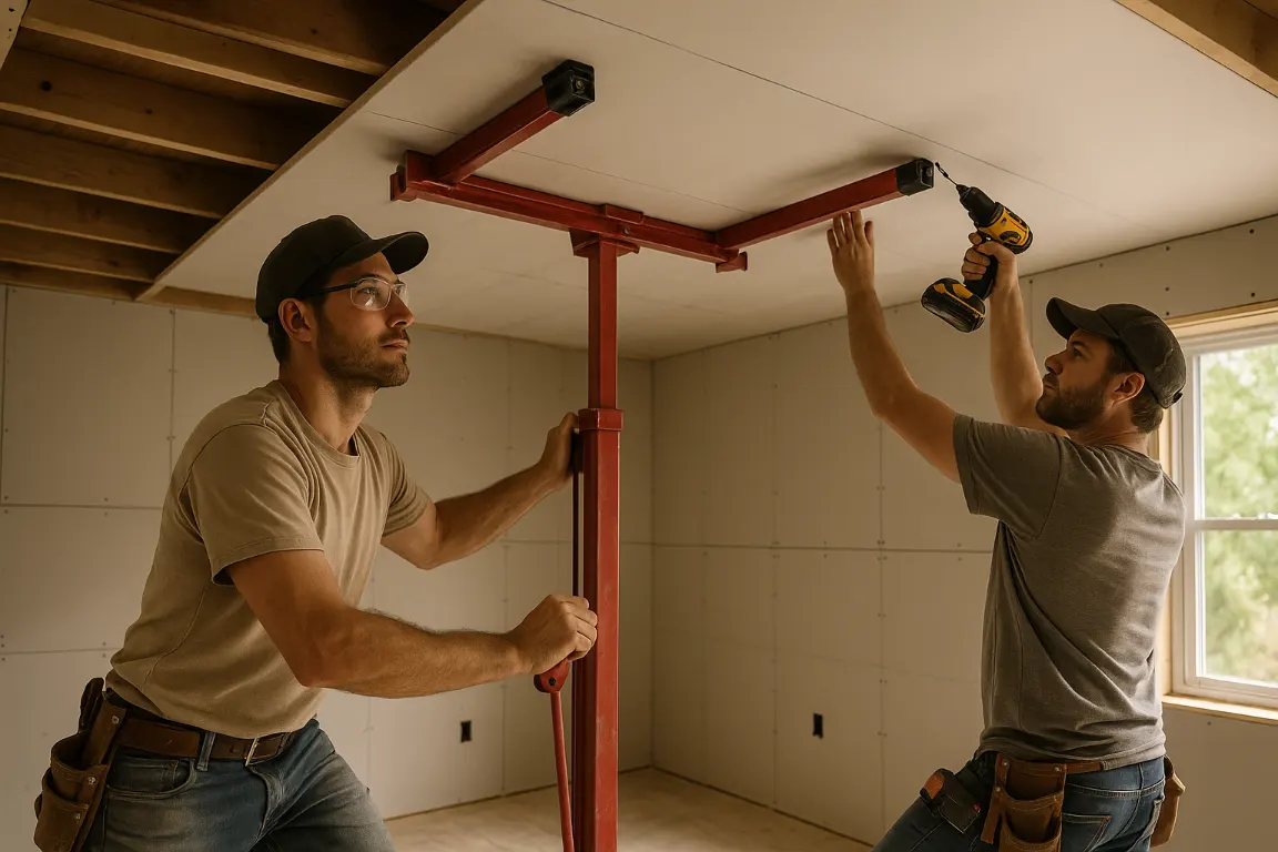 two drywall hangers install dt6yhe ceiling with a drywall lift.