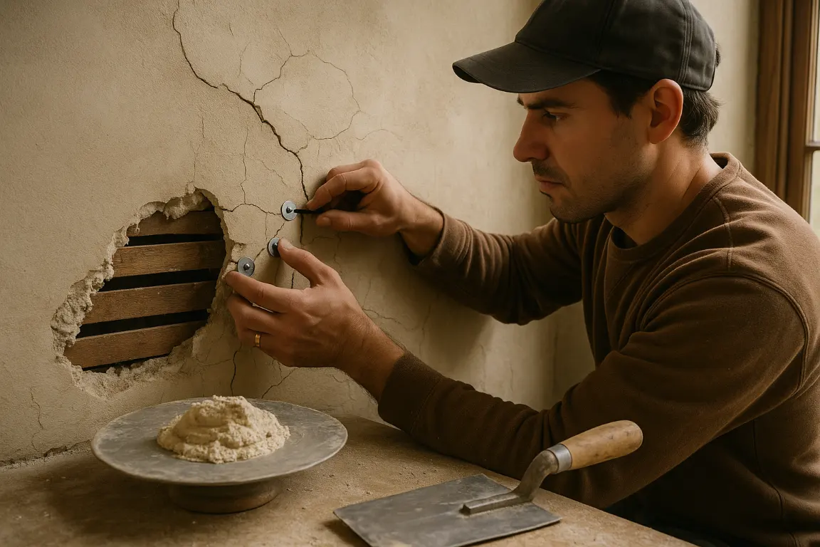 Restoration worker securing loose cracked plaster with washers and screws on a historic wall, showing exposed wood lath, layered plaster, tools, and lime mix in warm window light.