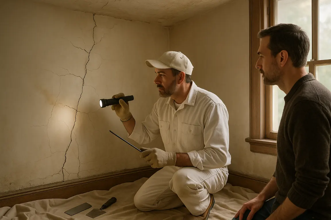 Plaster repair professional inspects widening wall cracks, water staining, and a sagging historic plaster ceiling with a flashlight while a homeowner observes