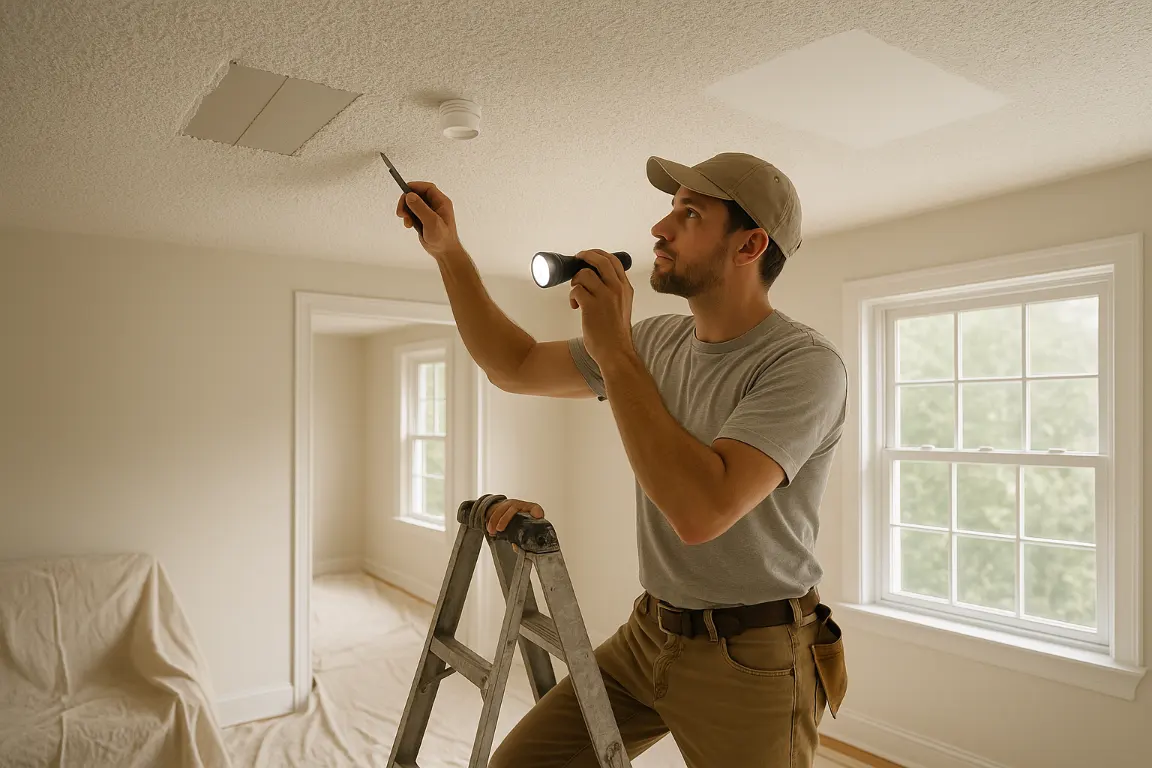 Renovation professional inspecting a popcorn ceiling with flashlight and tool in an older home, showing scraped drywall seams beside a smooth new drywall overlay.