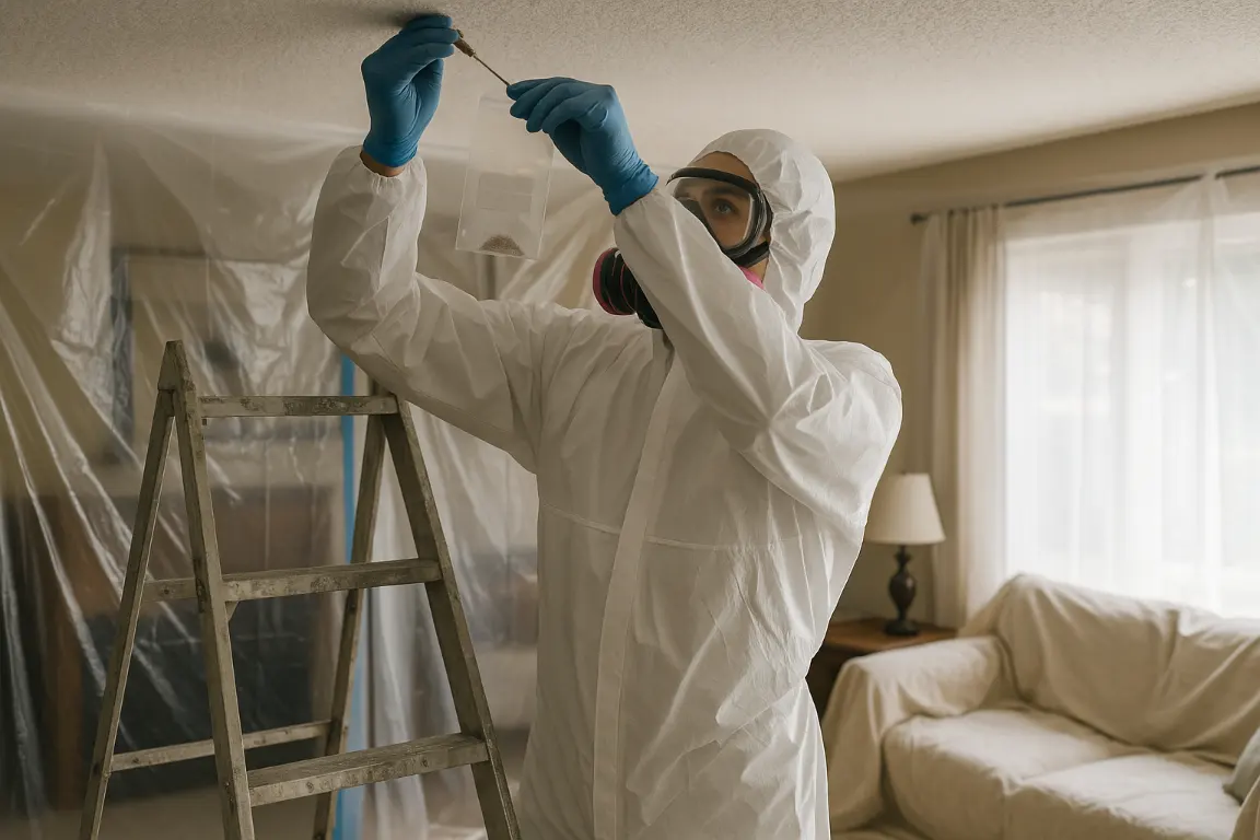 Qualified home inspector in protective coveralls and respirator collects a popcorn ceiling sample into a sealed bag in a contained residential room