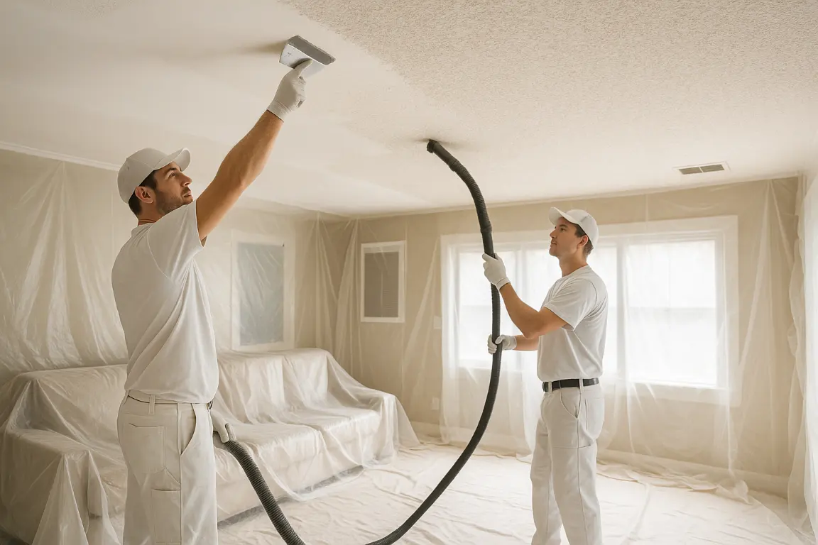 Ceiling restoration crew removes softened popcorn texture with a wide scraper and dust-control vacuum in a protected modern living room, revealing smooth primed drywall and repaired seams