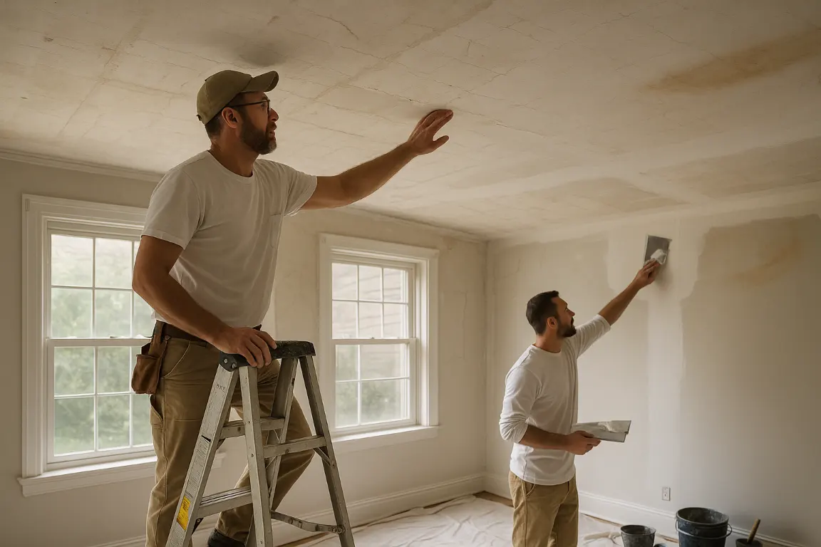 Drywall contractors inspect and skim a stripped ceiling, revealing cracks, tape joints, nail pops, patchwork, and faint water staining in an older home