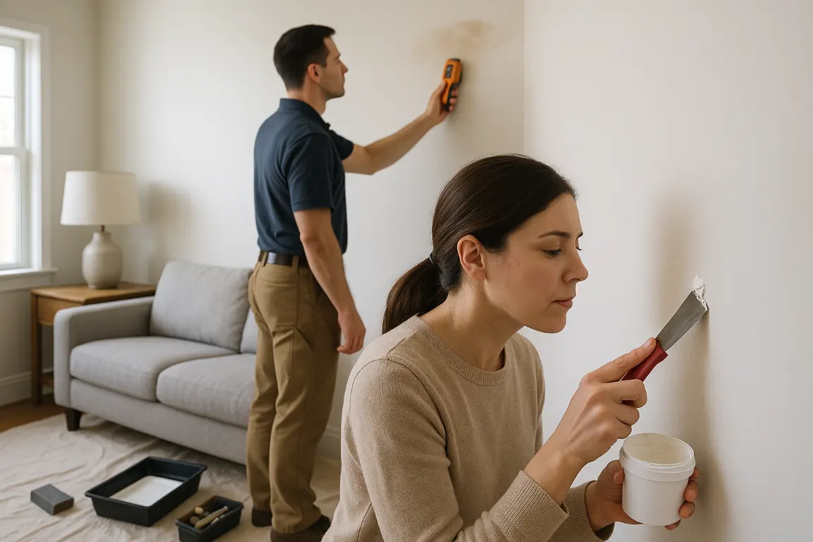 Homeowner applies spackle to a small nail hole while a professional checks a water-stained sagging wall section near the ceiling with a moisture meter.