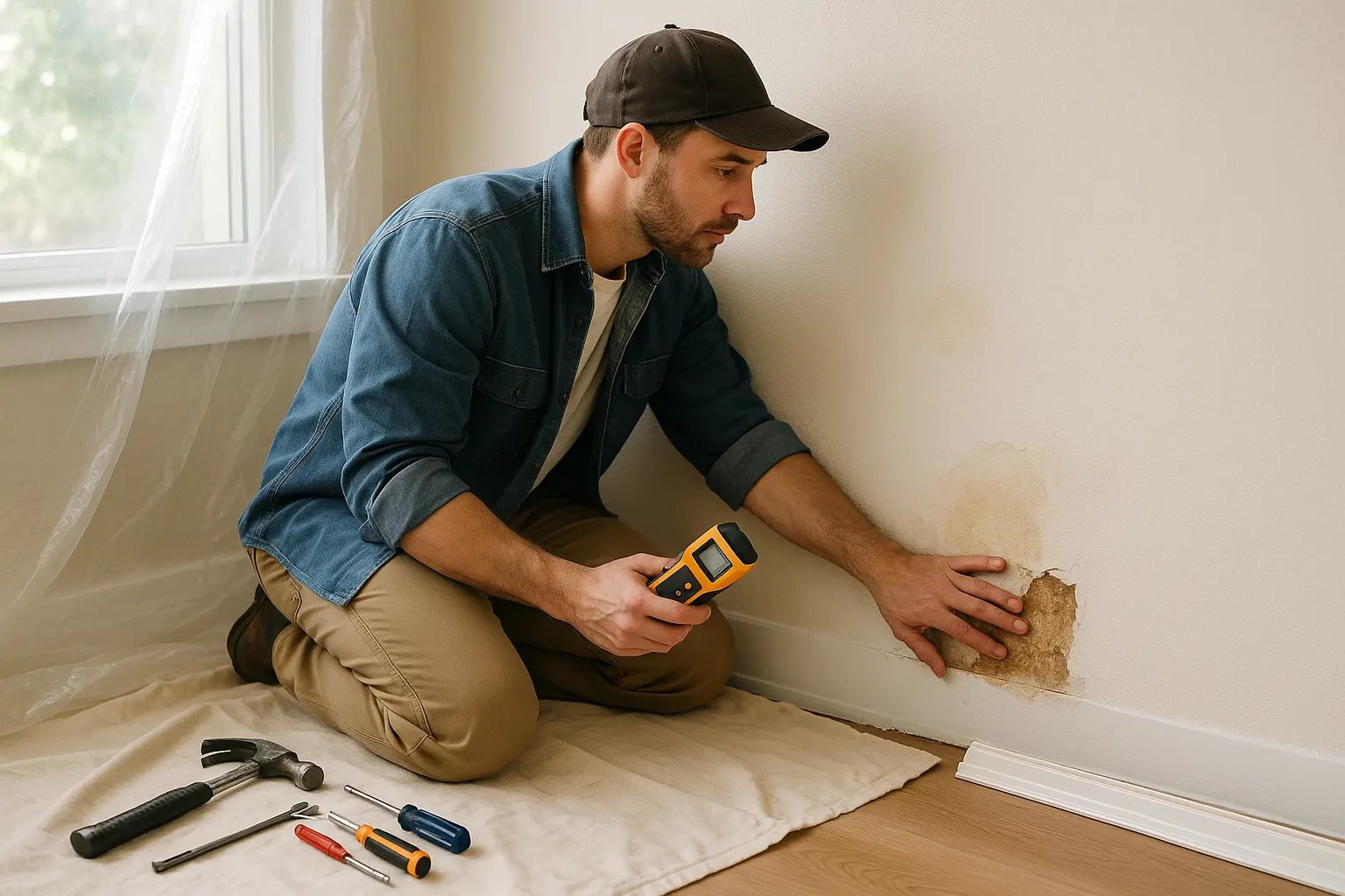 Home repair professional inspecting swollen, stained drywall with a moisture meter beside a crumbling wall cutout exposing damp insulation, with protective sheeting and repair tools nearby.
