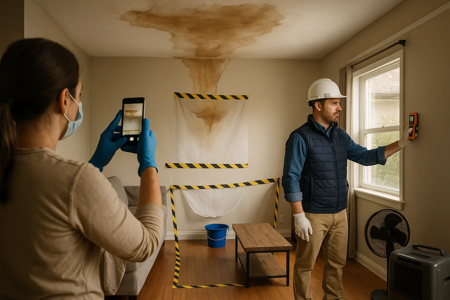 Homeowner photographs a stained, sagging drywall ceiling from a safe distance while a contractor checks the nearby wall with a moisture meter; a bucket, fan, dehumidifier, and moved furniture indicate water damage assessment