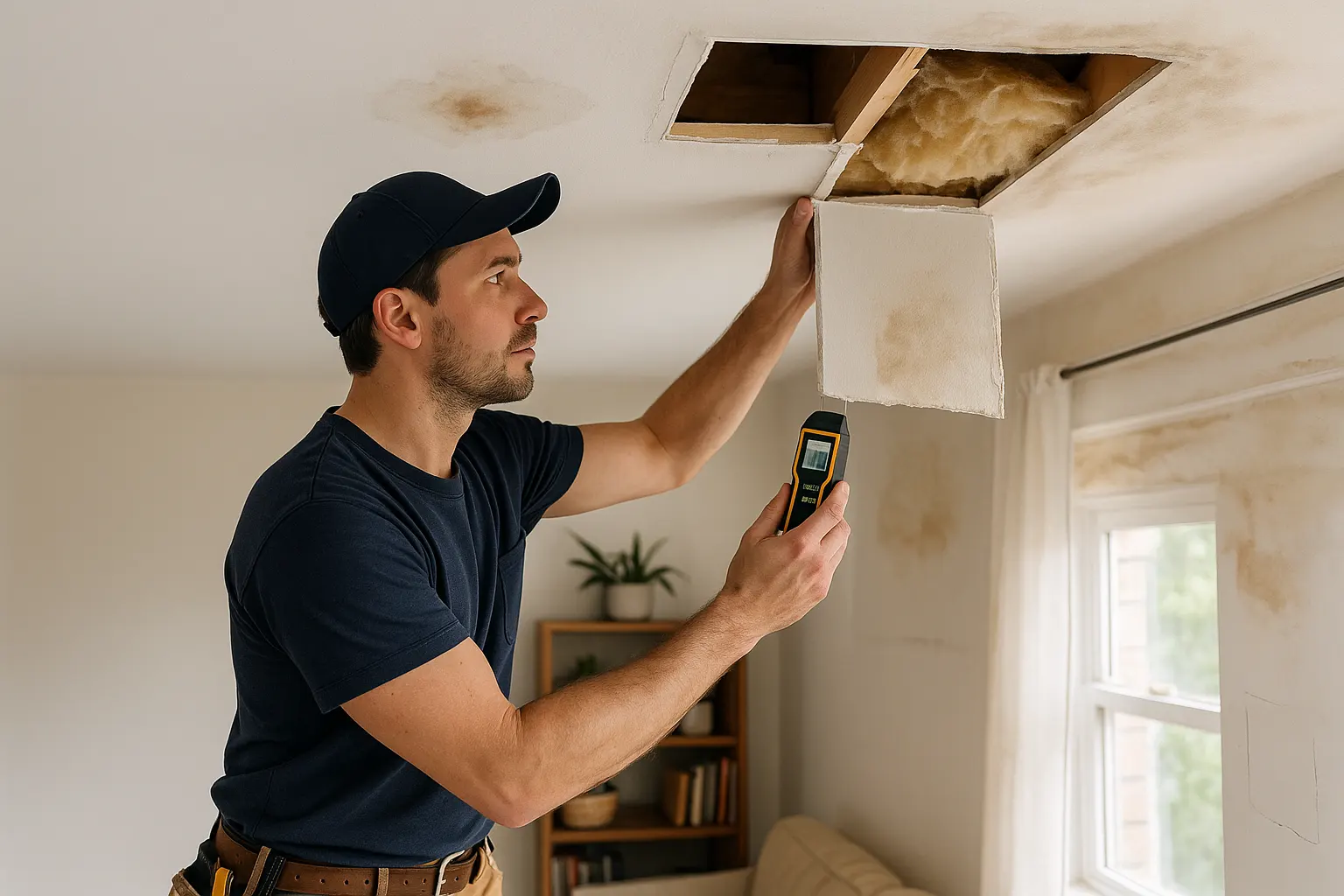 Home renovation professional uses a moisture meter to inspect a stained, water-damaged drywall ceiling and opened wall section with damp insulation, contrasting a sound repair area with sagging drywall marked for removal