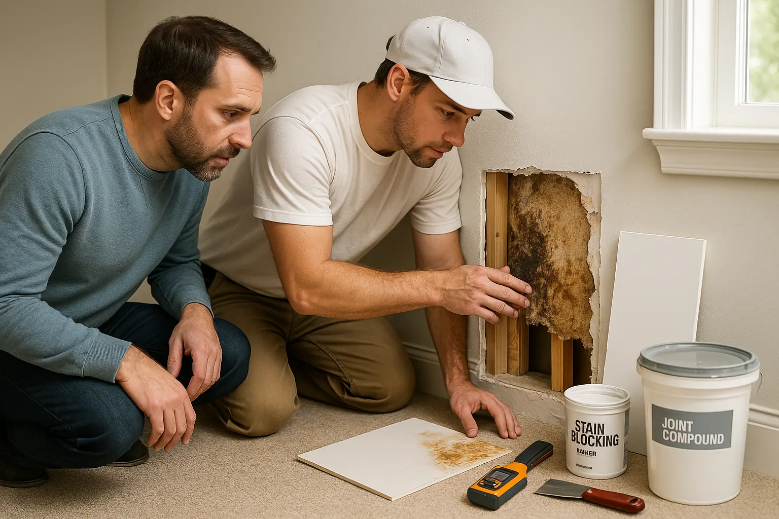 Homeowner and drywall repair professional inspect a cut-open water-damaged wall, comparing firm drywall with swollen, crumbling material and exposed insulation, with repair tools and replacement materials nearby